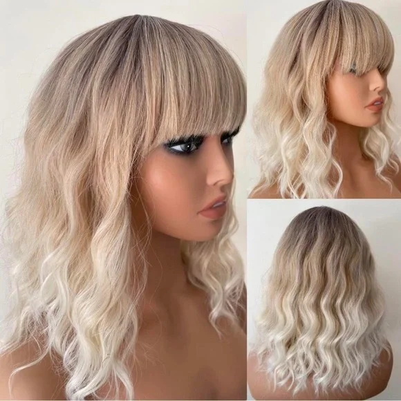 Human hair blend platinum blonde ombré curly wave wig Essence Wigs Ombre Ash Blonde Platinum Curly Natural Hair Wi main image 3